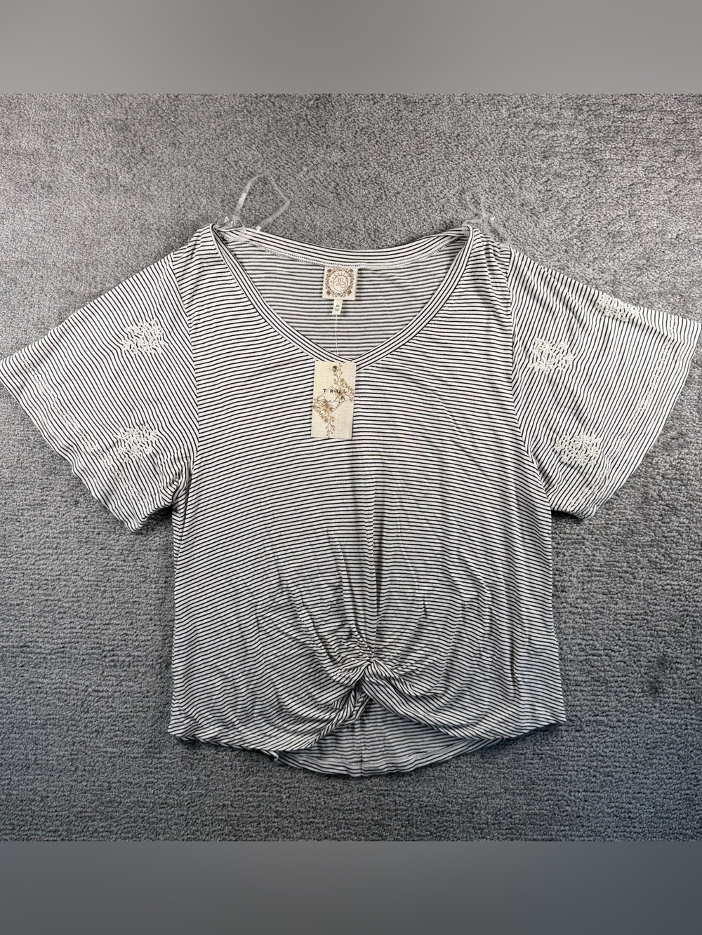 TRU SELF Flare Shirt Twist Knot Embroidered Patch Grey White Striped Loose Hang